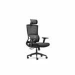 Black ergonomic office chair with headrest, armrests, and wheels