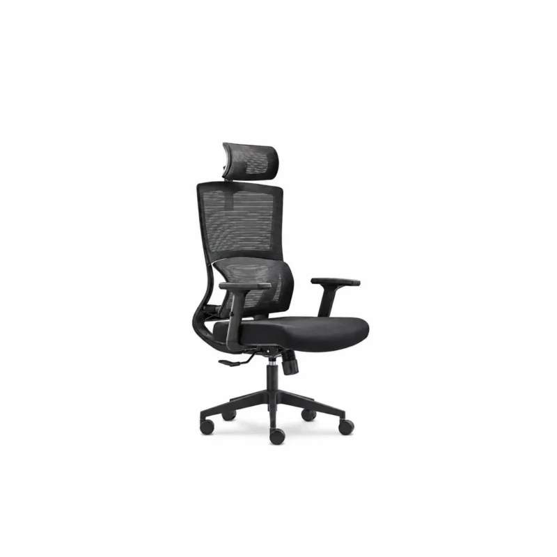 Black ergonomic office chair with headrest, armrests, and wheels