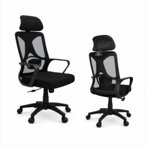 Black mesh office chair with headrest shown from front and rear