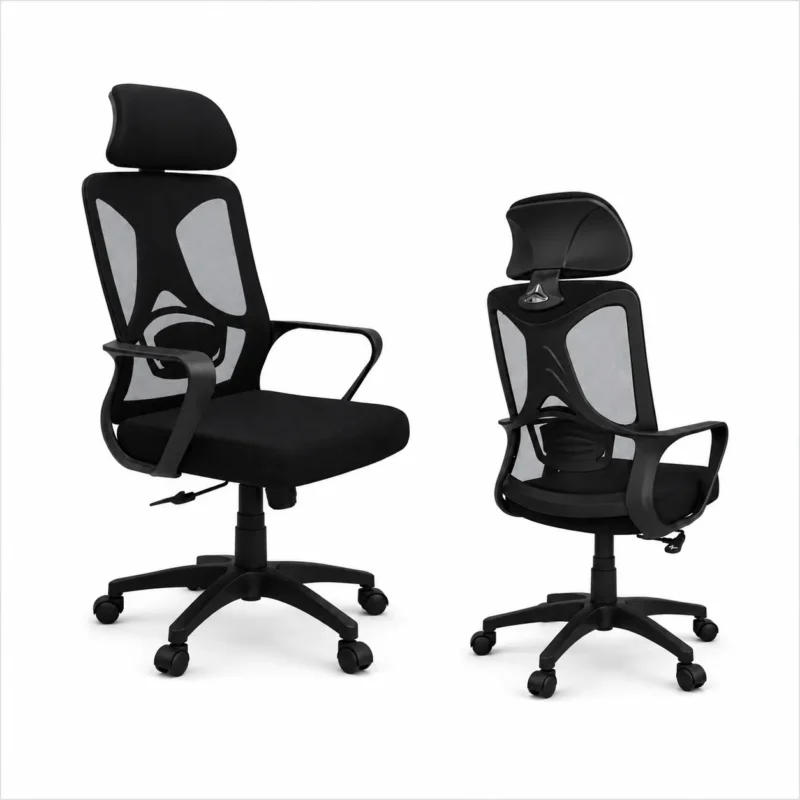 Black mesh office chair with headrest shown from front and rear
