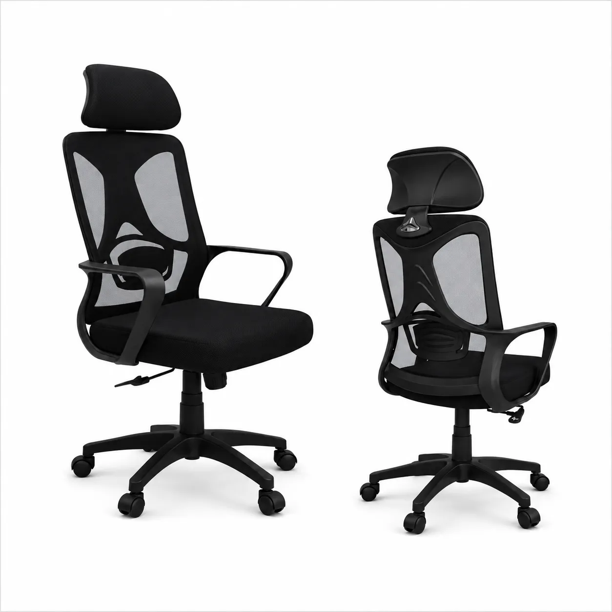 Black Mesh Office Chair with Headrest – Front and Rear View Black mesh office chair with headrest shown from front and rear