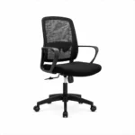 Black mesh ergonomic office chair with padded seat and armrests