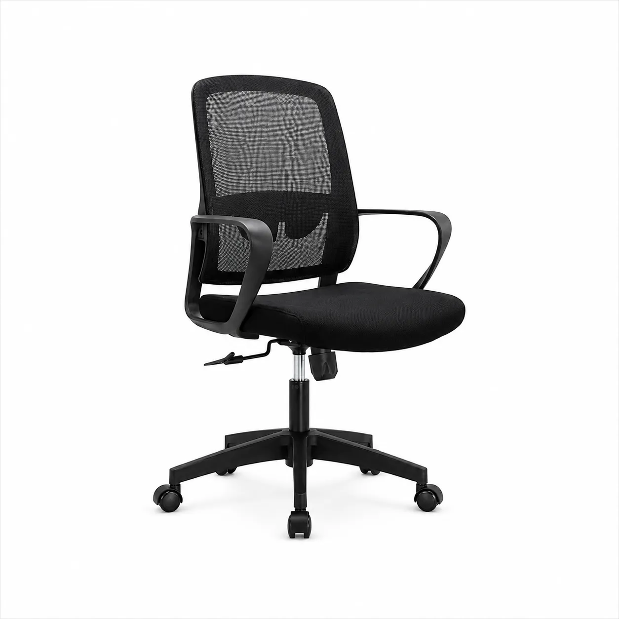 Black Mesh Ergonomic Office Chair – Wood & Wood Black mesh ergonomic office chair with padded seat and armrests