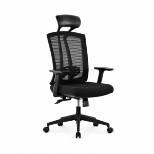 Black mesh office chair with high backrest and padded headrest