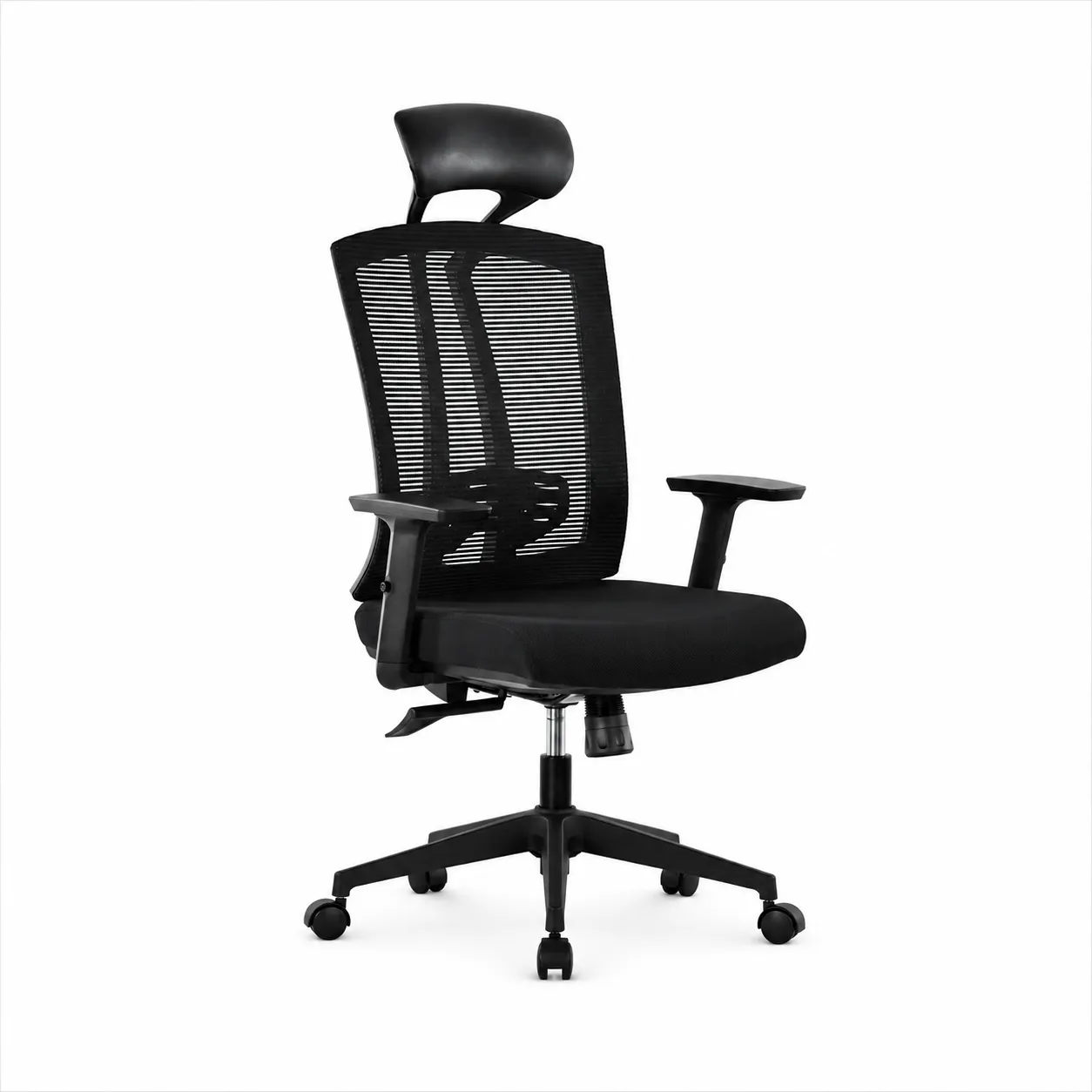 Black High-Back Mesh Office Chair with Headrest – Wood & Wood Black mesh office chair with high backrest and padded headrest