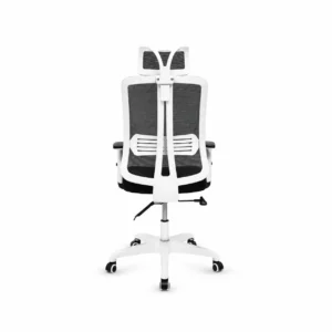 White mesh office chair with headrest rear three-quarter view