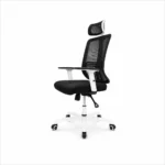 White mesh office chair with headrest rear three-quarter view