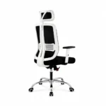 White mesh office chair with headrest rear three-quarter view