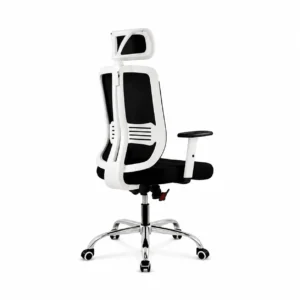 White mesh office chair with headrest rear three-quarter view