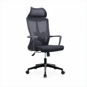 Black ergonomic mesh office chair with headrest rear view
