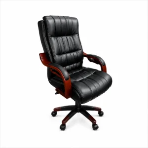 Black executive office chair with padded high back and wooden-look armrests