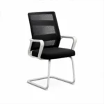 Black mesh visitor chair with white armrests and cantilever frame