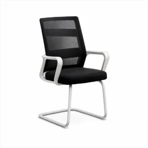 Black mesh visitor chair with white armrests and cantilever frame