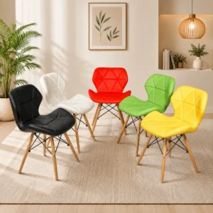 Diamond Quilted Leather Dining Chair with Wooden Eiffel Legs available in Black White Red Green and Yellow