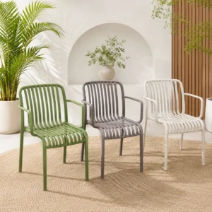 Outdoor plastic slatted arm chairs in green grey and white