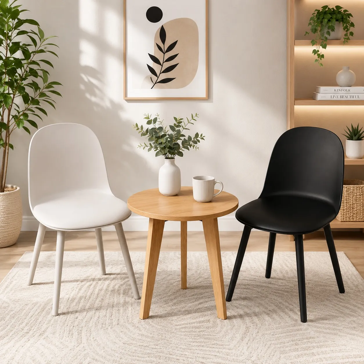 Premium Minimalist Shell Dining Chair White and Black – Wood & Wood White and black minimalist shell dining chairs in a modern Scandinavian room