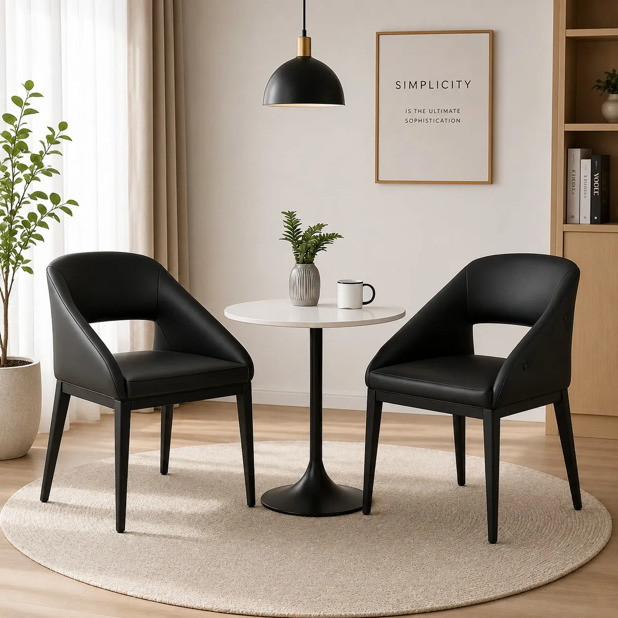 Premium Black Leather Barrel Back Dining Chair – Wood & Wood Black leather barrel back dining chairs with curved backrest in a modern dining room