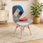 Patchwork Fabric Dining Chair with colourful upholstery and wooden Eiffel legs