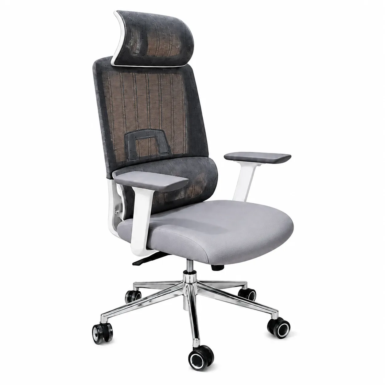 White Frame High Back Ergonomic Mesh Chair Front View – Wood & Wood Front view of white frame ergonomic mesh office chair with adjustable headrest and padded seat