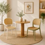 White rattan dining chair with armrests and cane-look woven backrest
