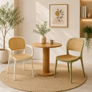 White rattan dining chair with armrests and cane-look woven backrest