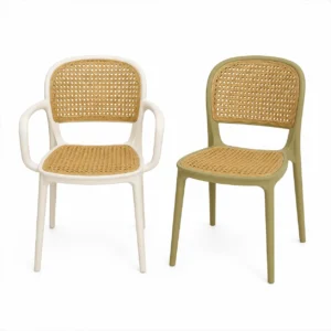 White rattan dining chair in a boho dining room setting